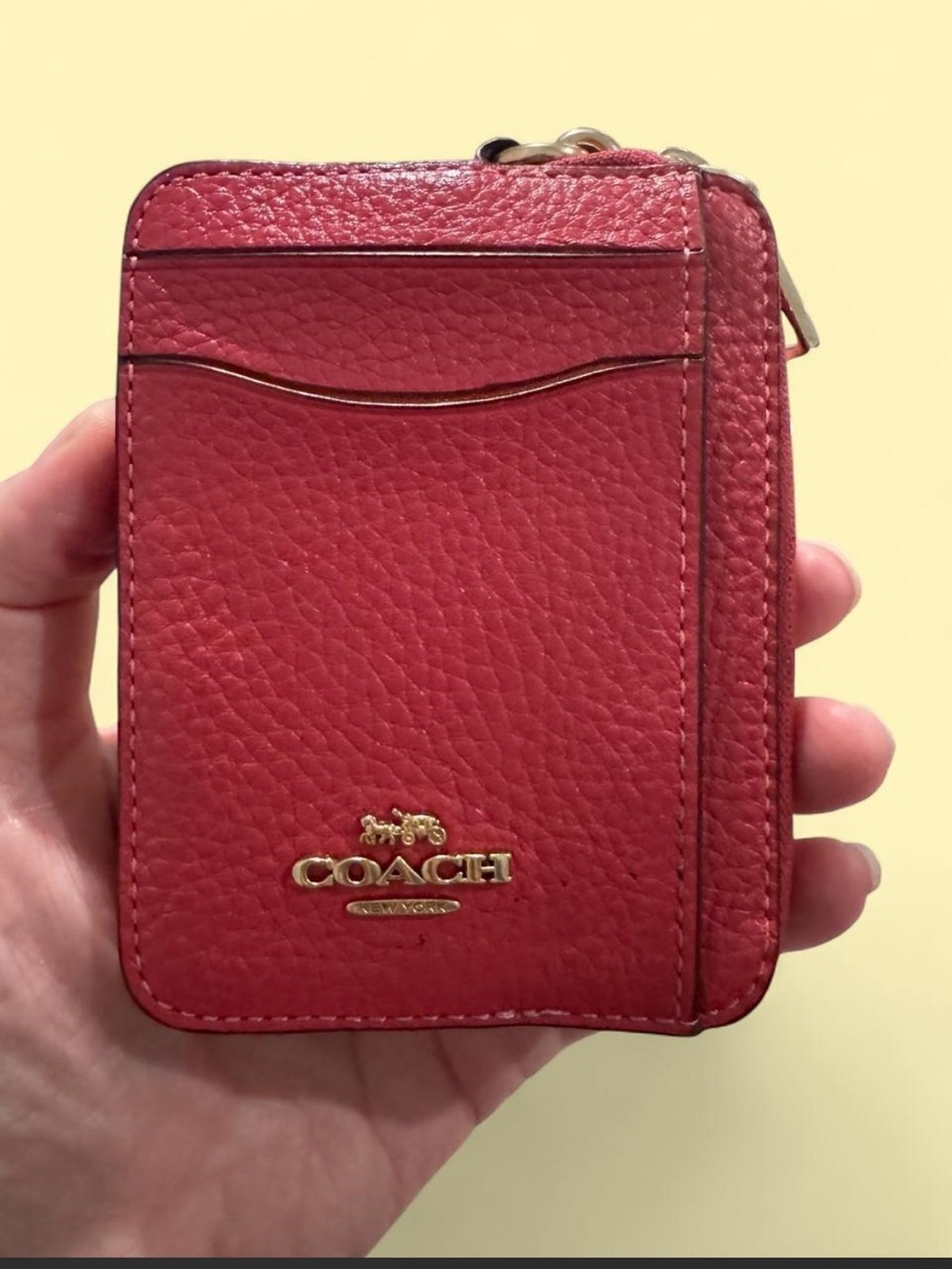 Coach hot pink Pebbled Leather Card Case with Gold Logo and Zip